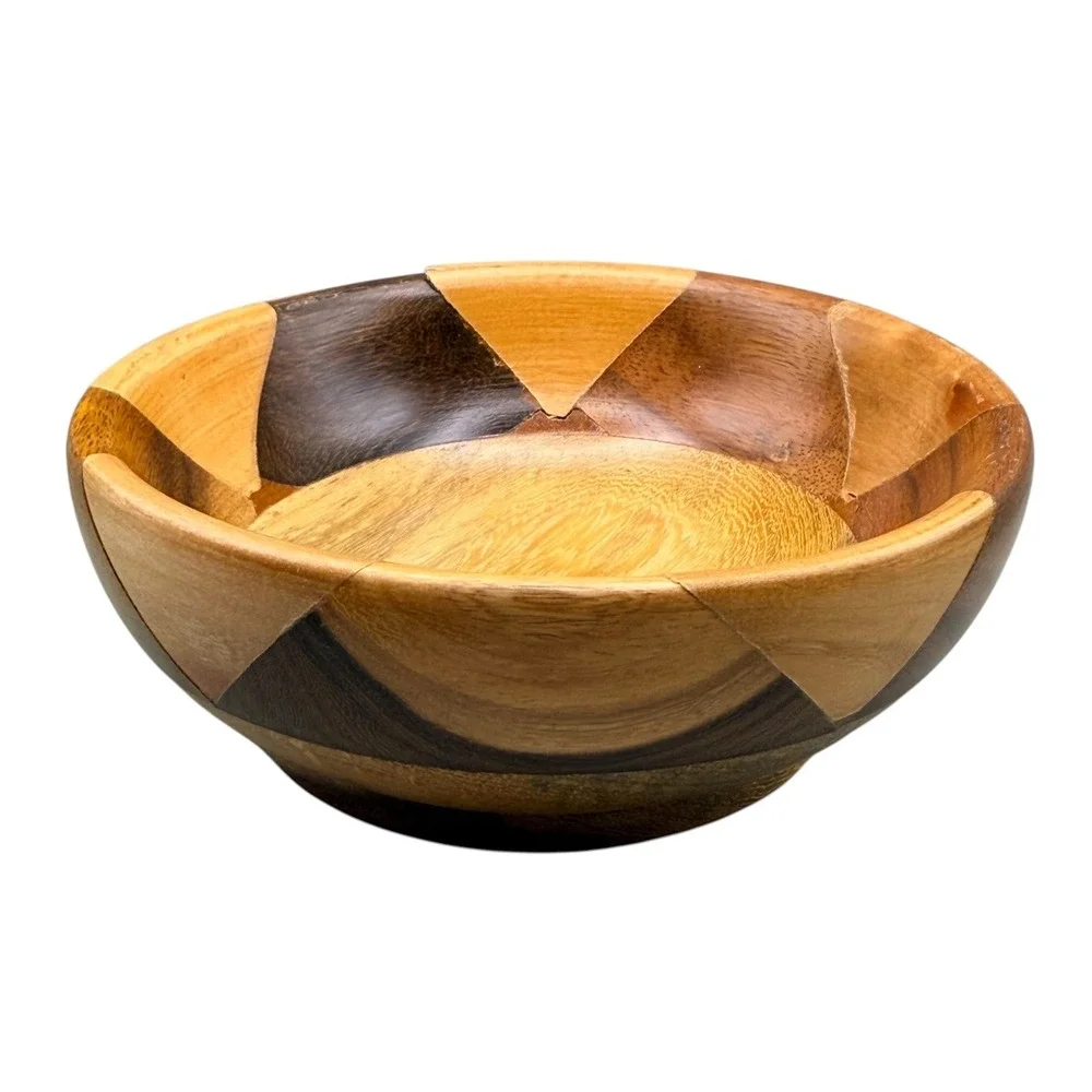 Vintage Patchwork Inlay Wood Bowl Geometric Mixed Tone Natural Wood Decor 5 Inch